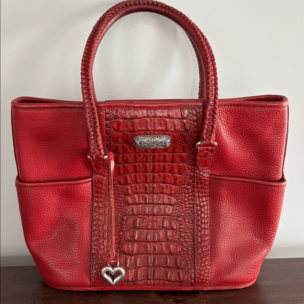 Red Brighton Embossed Braided Leather Handled Bucket Purse